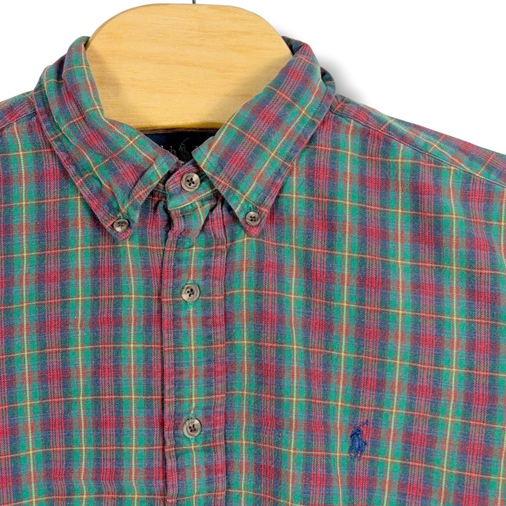 Vintage Ralph Lauren Button Down Flannel Men L Madras Plaid Classic Fit Pony